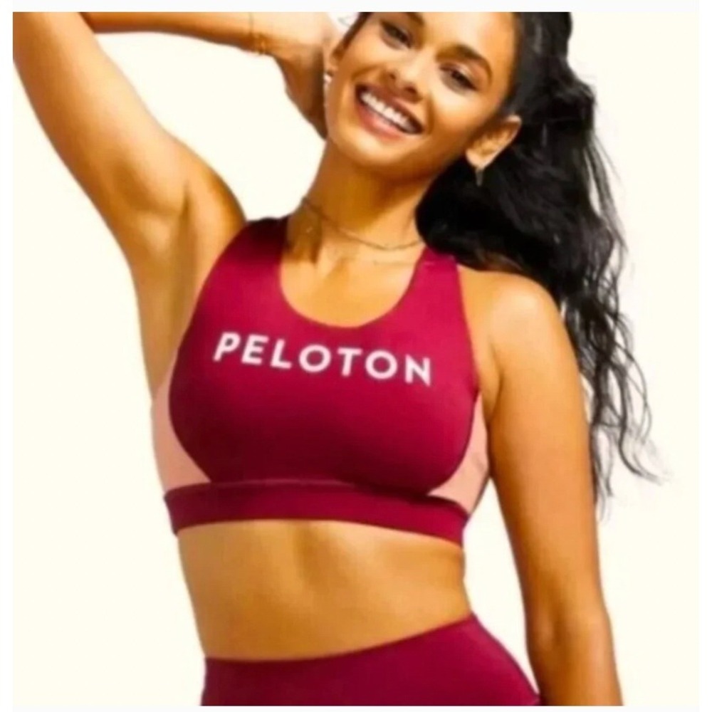 Peloton Move Mission Strappy Back Sports Bra Burgundy Peach Colorblock Logo
